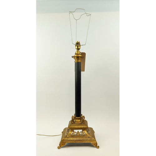 198 - TABLE LAMP, 77cm H, Classical brass with a fluted spelter column, pierced and embossed base.