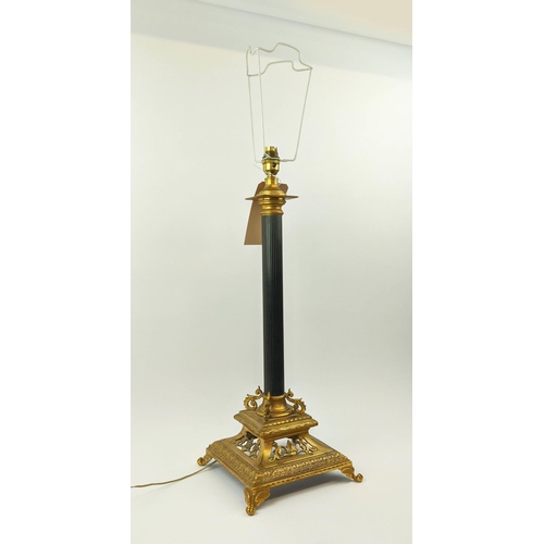 198 - TABLE LAMP, 77cm H, Classical brass with a fluted spelter column, pierced and embossed base.