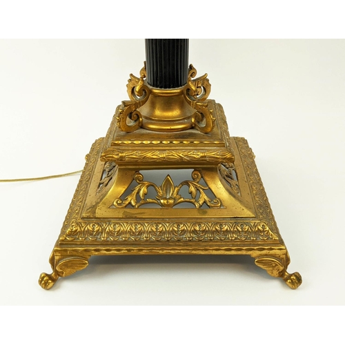 198 - TABLE LAMP, 77cm H, Classical brass with a fluted spelter column, pierced and embossed base.