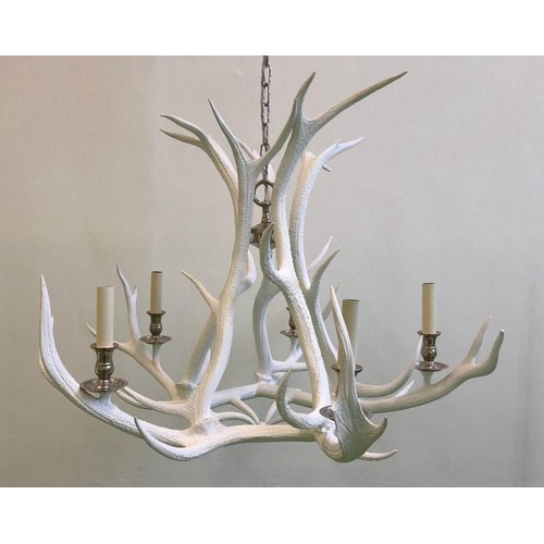 276 - ANTHONY REDMILE STYLE WHITE ANTLER CHANDELIER, 60cm H x 43cm x 90cm, with shades.