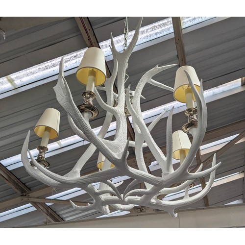 276 - ANTHONY REDMILE STYLE WHITE ANTLER CHANDELIER, 60cm H x 43cm x 90cm, with shades.