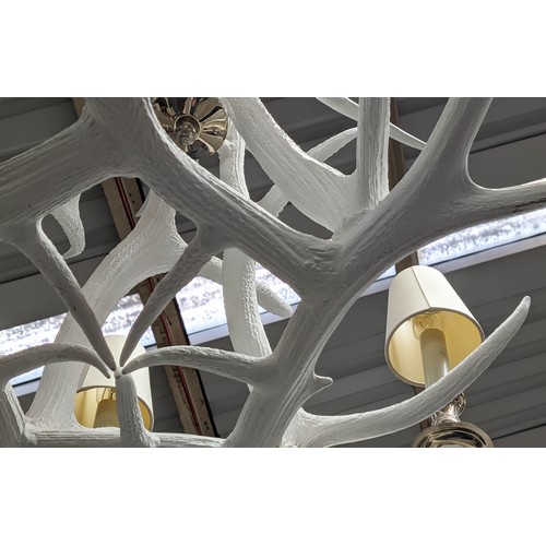 276 - ANTHONY REDMILE STYLE WHITE ANTLER CHANDELIER, 60cm H x 43cm x 90cm, with shades.