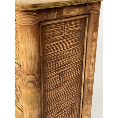 227 - BAMBOO CHEST, rattan and split cane with three long panelled drawers, 88cm W x 50cm D x 98cm H.