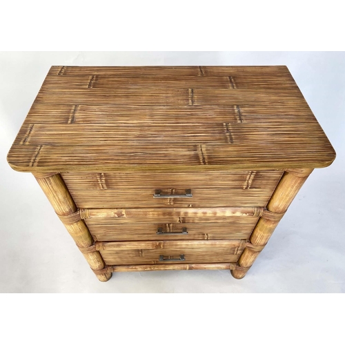 227 - BAMBOO CHEST, rattan and split cane with three long panelled drawers, 88cm W x 50cm D x 98cm H.