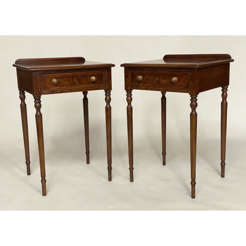 230 - LAMP TABLES, a pair, Regency design burr walnut and crossbanded each with frieze drawer and turned s... 