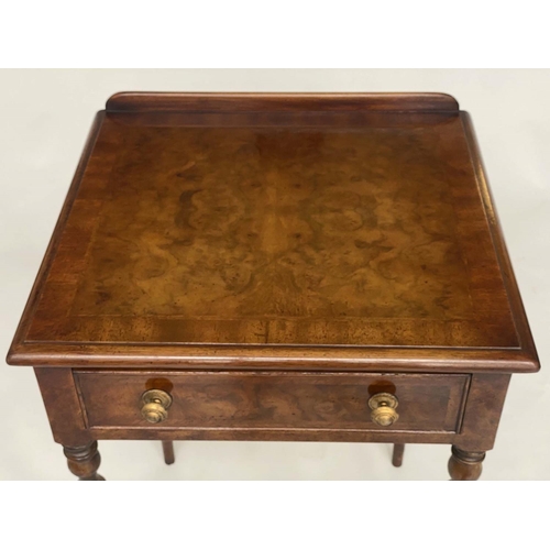 230 - LAMP TABLES, a pair, Regency design burr walnut and crossbanded each with frieze drawer and turned s... 