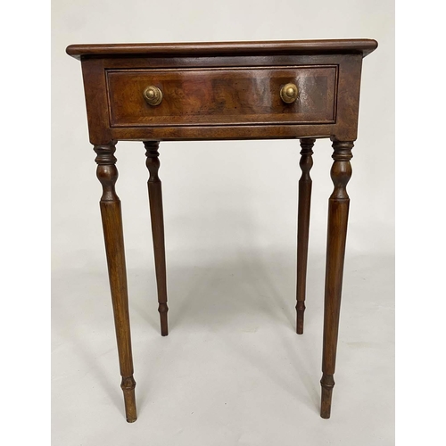 230 - LAMP TABLES, a pair, Regency design burr walnut and crossbanded each with frieze drawer and turned s... 