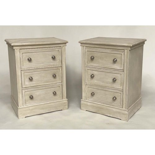 232 - BEDSIDE CHESTS, a pair, traditionally grey painted each with three moulded drawers, 53cm W x 39cm D ... 