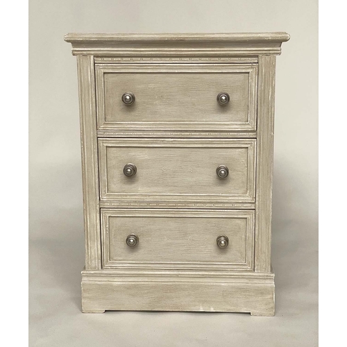 232 - BEDSIDE CHESTS, a pair, traditionally grey painted each with three moulded drawers, 53cm W x 39cm D ... 