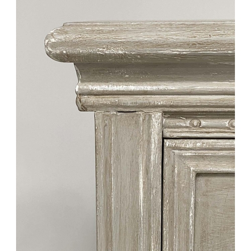 232 - BEDSIDE CHESTS, a pair, traditionally grey painted each with three moulded drawers, 53cm W x 39cm D ... 