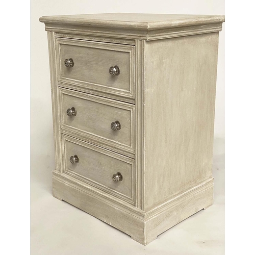 232 - BEDSIDE CHESTS, a pair, traditionally grey painted each with three moulded drawers, 53cm W x 39cm D ... 