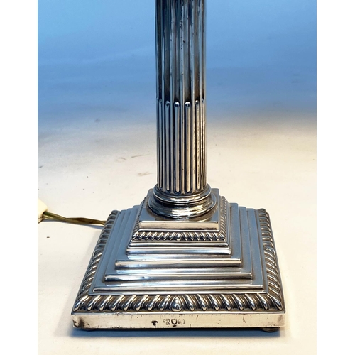 243 - SILVER TABLE LAMPS, a pair early 20th century silver with Corinthian capped reeded columns stamped a... 