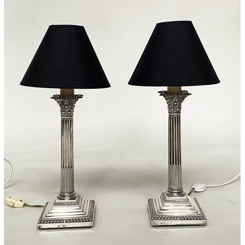 243 - SILVER TABLE LAMPS, a pair early 20th century silver with Corinthian capped reeded columns stamped a... 