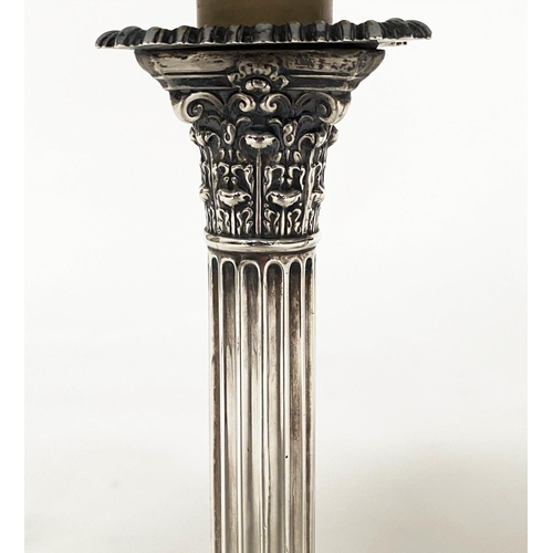 243 - SILVER TABLE LAMPS, a pair early 20th century silver with Corinthian capped reeded columns stamped a... 