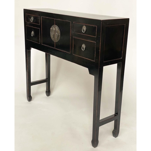 245 - HALL CONSOLE CABINET, Chinese black lacquered and silvered metal mounted with four drawers, flanking... 