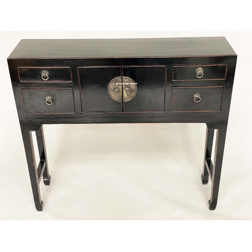 245 - HALL CONSOLE CABINET, Chinese black lacquered and silvered metal mounted with four drawers, flanking... 