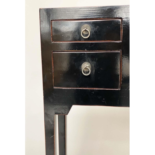 245 - HALL CONSOLE CABINET, Chinese black lacquered and silvered metal mounted with four drawers, flanking... 