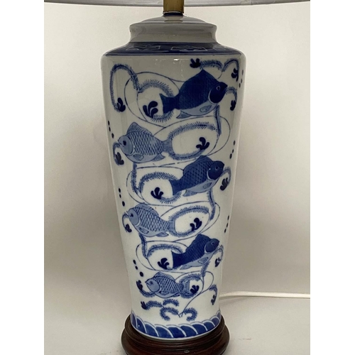 246 - TABLE LAMPS, a pair, Chinese blue and white ceramic of vase form, with shades, 72cm H. (2)