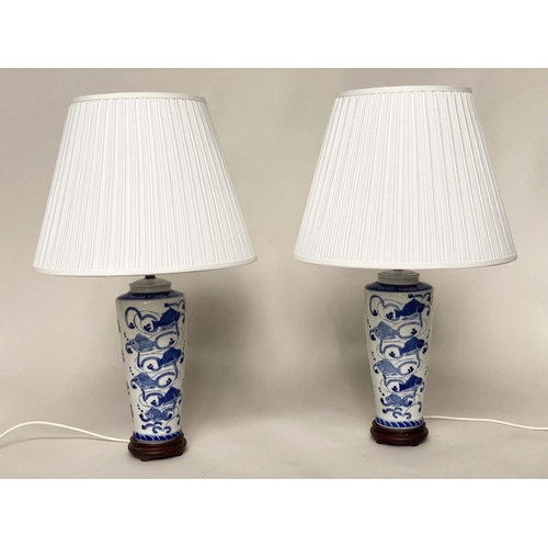 246 - TABLE LAMPS, a pair, Chinese blue and white ceramic of vase form, with shades, 72cm H. (2)