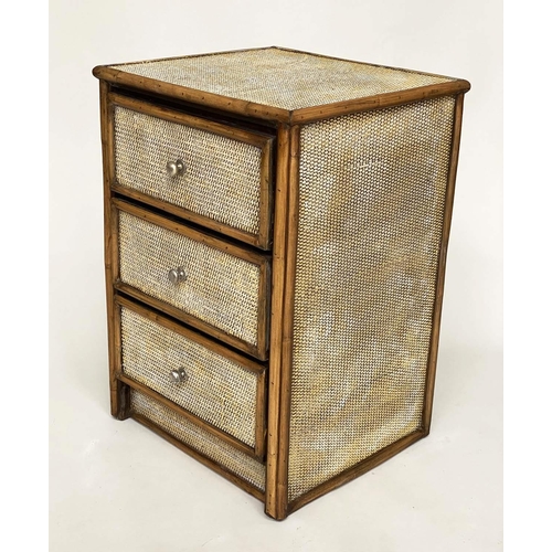 250 - BEDSIDE CHESTS, a pair, bamboo framed, wicker-panelled and cane bound each with three long drawers a... 