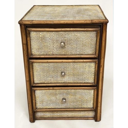 250 - BEDSIDE CHESTS, a pair, bamboo framed, wicker-panelled and cane bound each with three long drawers a... 