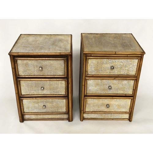 250 - BEDSIDE CHESTS, a pair, bamboo framed, wicker-panelled and cane bound each with three long drawers a... 