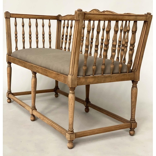 251 - HALL SEAT, Continental style beechwood with enclosed turned rail back and raw linen upholstery, 120c... 