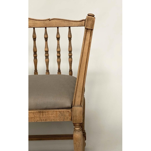 251 - HALL SEAT, Continental style beechwood with enclosed turned rail back and raw linen upholstery, 120c... 