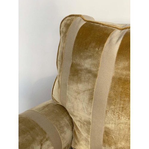 253 - ARMCHAIR BY 'DURESTA', striped cut gold yellow velvet upholstered with scroll arms and feather fille... 