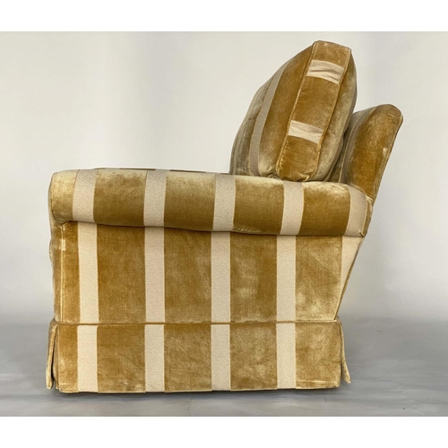 253 - ARMCHAIR BY 'DURESTA', striped cut gold yellow velvet upholstered with scroll arms and feather fille... 