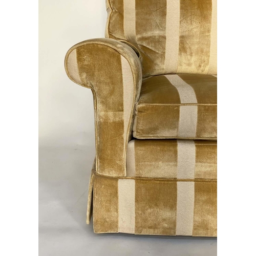 253 - ARMCHAIR BY 'DURESTA', striped cut gold yellow velvet upholstered with scroll arms and feather fille... 