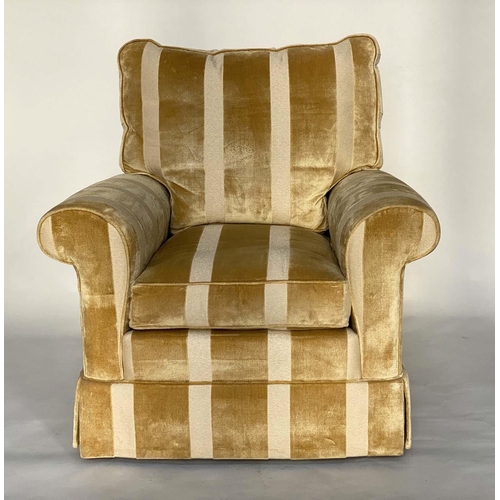 253 - ARMCHAIR BY 'DURESTA', striped cut gold yellow velvet upholstered with scroll arms and feather fille... 