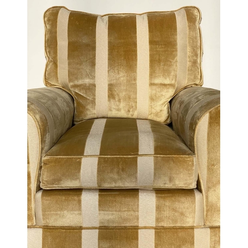 253 - ARMCHAIR BY 'DURESTA', striped cut gold yellow velvet upholstered with scroll arms and feather fille... 