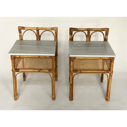 254 - LAMP TABLES, a pair, bamboo framed and cane bound with upstands and marble tops, 43cm x 43cm x 66cm ... 