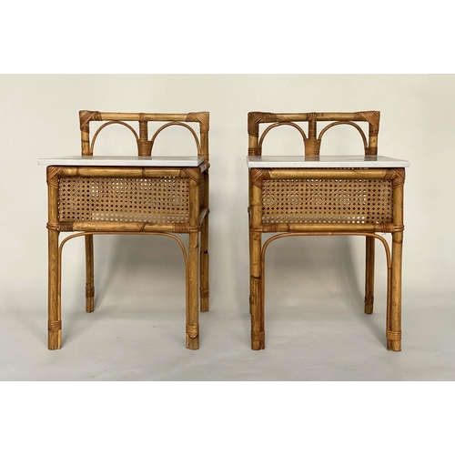 254 - LAMP TABLES, a pair, bamboo framed and cane bound with upstands and marble tops, 43cm x 43cm x 66cm ... 