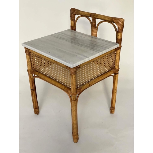 254 - LAMP TABLES, a pair, bamboo framed and cane bound with upstands and marble tops, 43cm x 43cm x 66cm ... 