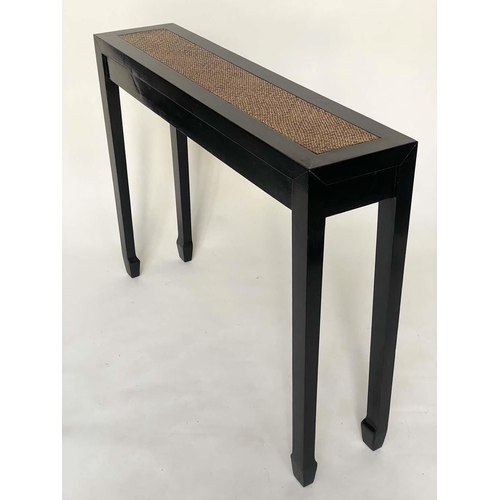 255 - HALL TABLE, Chinese shallow rectangular black lacquered with cane inset top, 111cm W x 26cm D x 81cm... 