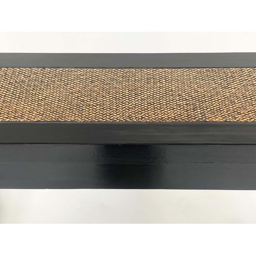 255 - HALL TABLE, Chinese shallow rectangular black lacquered with cane inset top, 111cm W x 26cm D x 81cm... 