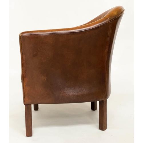 256 - TUB ARMCHAIRS, a pair, mid brown piped leather with slightly raised backs and cushion seats, 75cm W.... 