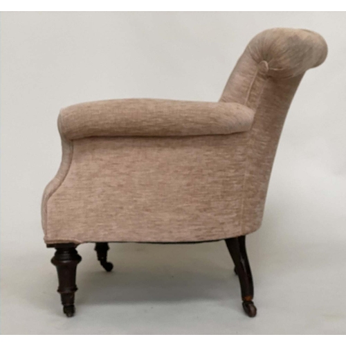 281 - ARMCHAIR, Victorian mahogany with taupe grey buttoned chenille upholstery, scroll arms and turned fr... 