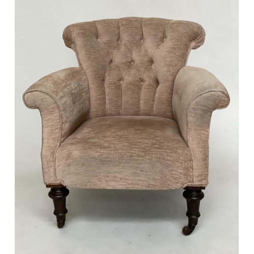 281 - ARMCHAIR, Victorian mahogany with taupe grey buttoned chenille upholstery, scroll arms and turned fr... 