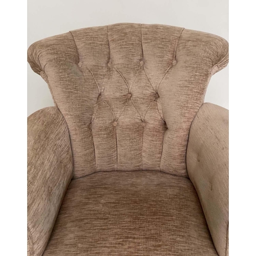 281 - ARMCHAIR, Victorian mahogany with taupe grey buttoned chenille upholstery, scroll arms and turned fr... 