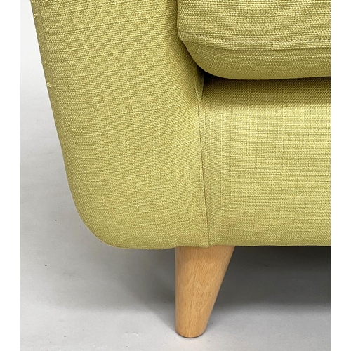 358 - ARMCHAIR, 1960's style with yellow/lime woven linen buttoned upholstery and tapering supports, 104cm... 