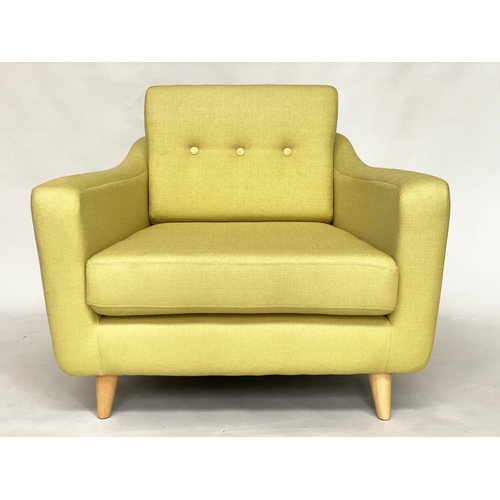 358 - ARMCHAIR, 1960's style with yellow/lime woven linen buttoned upholstery and tapering supports, 104cm... 