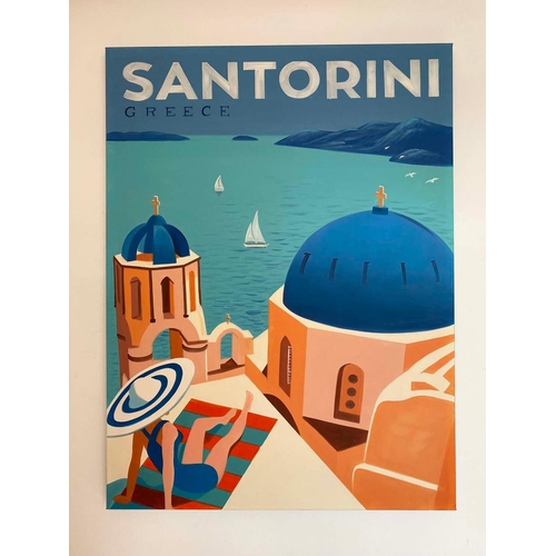 521 - REPRODUCTION VINTAGE SANTORINI TRAVEL ADVERTISEMENT, acrylic on canvas, 120cm x 90cm.