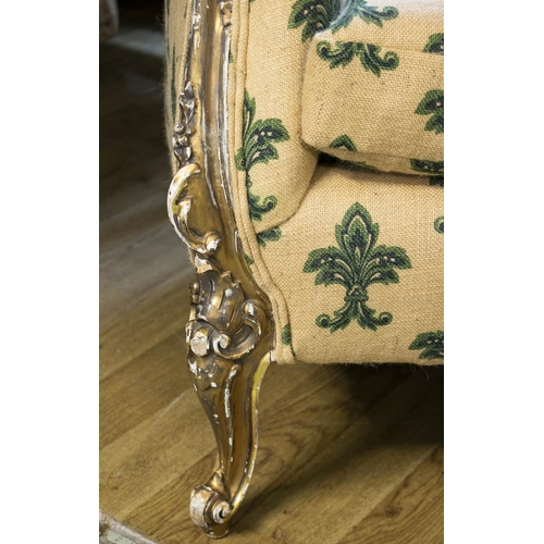 292 - BERGERES, 84cm H x 96cm W, a pair, Louis XV style giltwood in fleur de lis hopsack upholstery. (2)