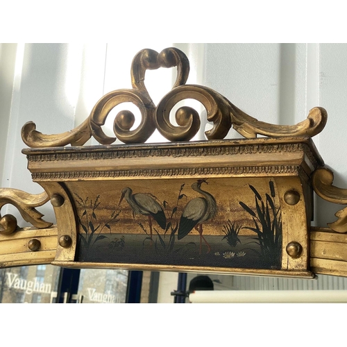 137 - OVERMANTEL MIRROR, 19th century carved giltwood, Aesthetic influence, arched gilded and painted pane... 