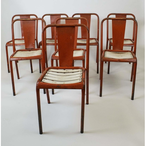 152 - TOLIX T4 DINING CHAIRS, 80cm H x 33cm x 44cm, set of eight, by Xavier Pauchard in orange painted met... 