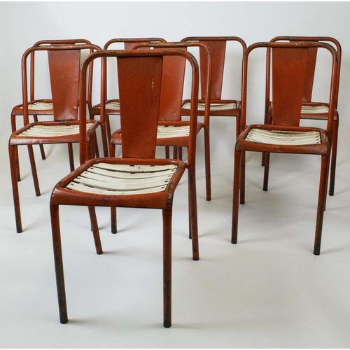 152 - TOLIX T4 DINING CHAIRS, 80cm H x 33cm x 44cm, set of eight, by Xavier Pauchard in orange painted met... 