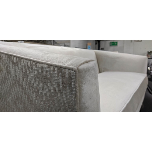 399 - SOFA, ivory velvet upholstered, with patterned fabric accent to exterior, 180cm x 94cm x 78cm.